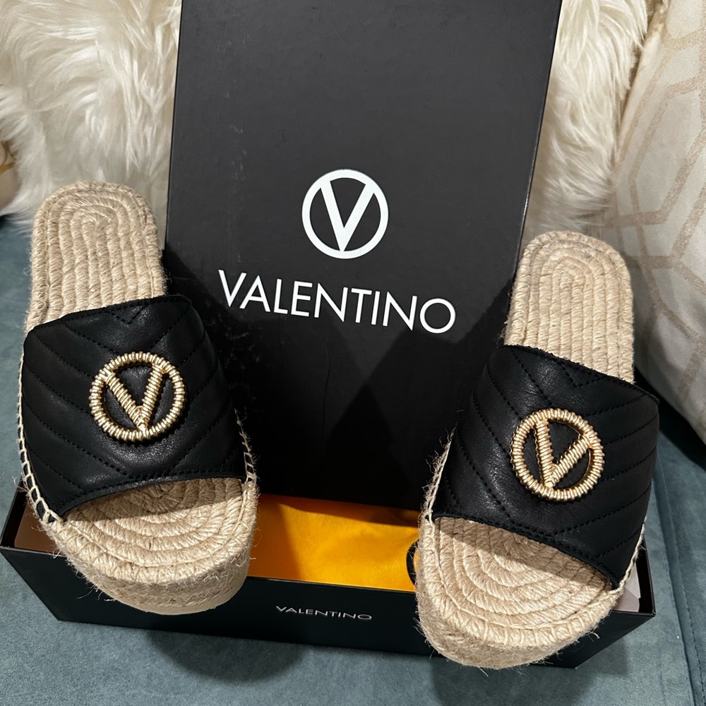 Valentino Black Quilted Slides with Gold Emblem size 8